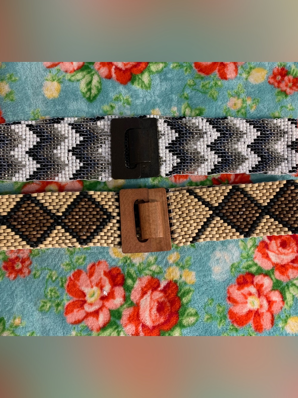 Two Womens Beaded Stretch Belts M/L With Wooden Buckles